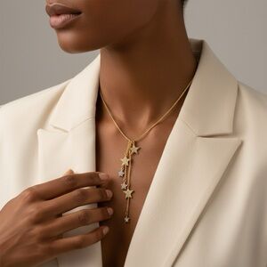 🧚🏻‍♀️ Gold Tone Star Charm Drop Necklace Rhinestone Celestial Lariat 18-20”